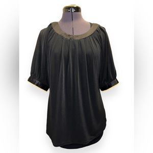 Worthington • Pleated Blouse, Half Sleeve, Satin Collar, Black, Medium